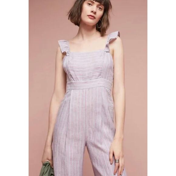 Anthropologie Nantucket Ruffled Jumpsuit Elevenses Size 8 Stripe Pink Lavender - Picture 3 of 16